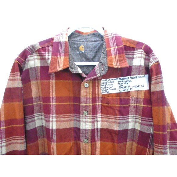 Carhartt Men’s Size Large Slim Fit Hubbard Flannel Shirt 100% Cotton 10087-B0R - Picture 2 of 9